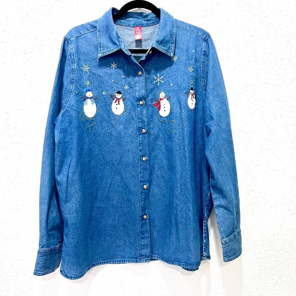 Novelty Blue Denim long sleeve Shirt‎ with snowman embroidered. XL